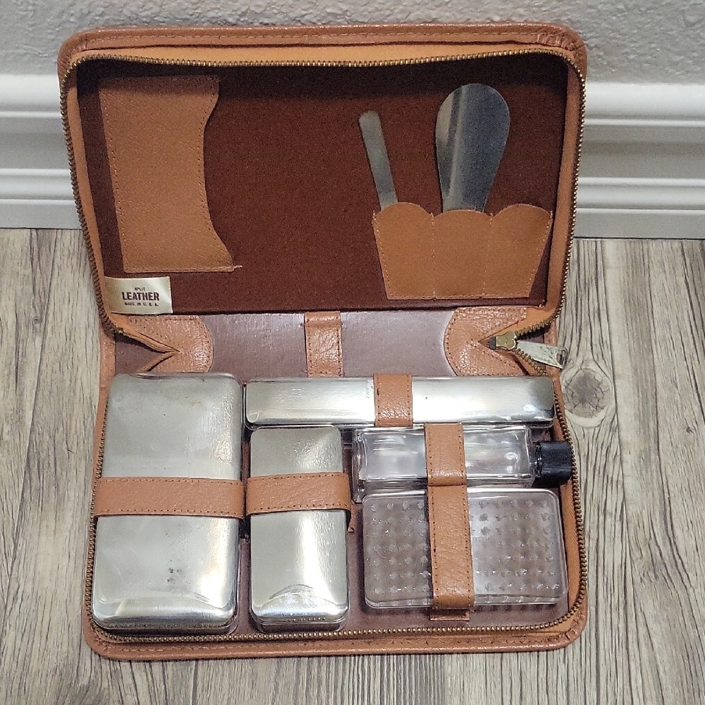 Vintage Travel Grooming Kit with Silver and Brown Accents
